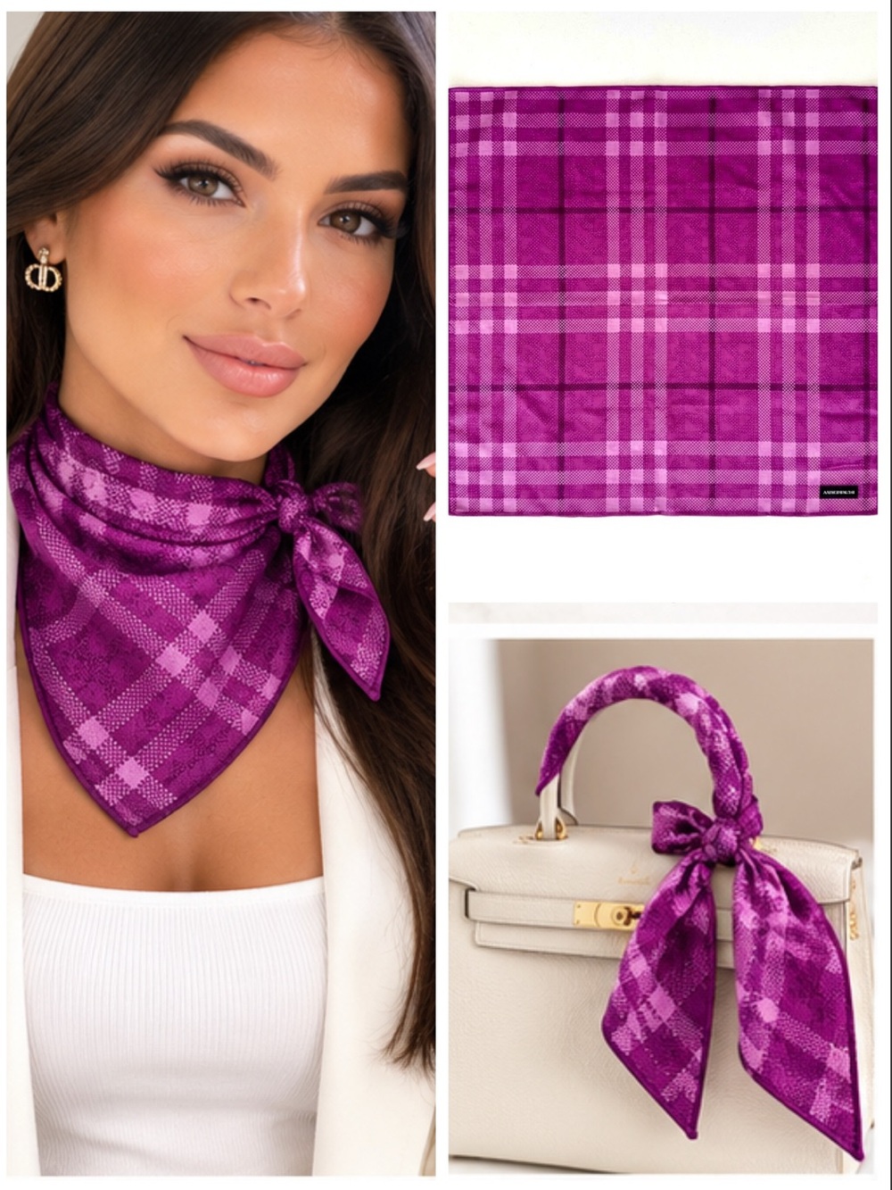 BURBERRY Pink and Purple Check Silk Square Scarf Handkerchief  19.5 X 19.5